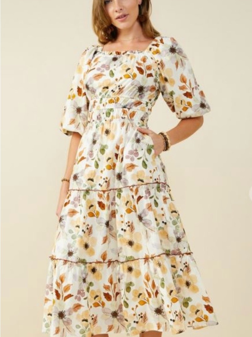 Hayden Floral Tiered Midi Dress — Cream, Mustard & Sage